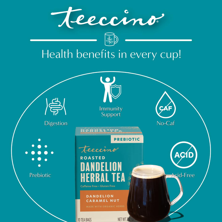 Teeccino Dandelion Caramel Nut Herbal Tea, 10 Count