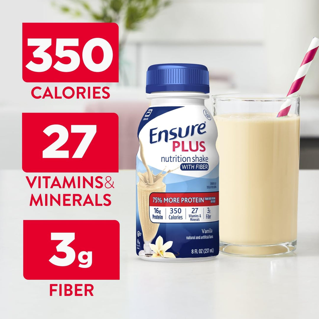Ensure Plus Nutrition Shake With Fiber, Vanilla, 8 fl oz, Pack of 24