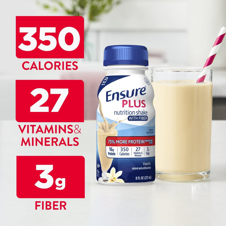 Ensure Plus Nutrition Shake With Fiber, Vanilla, 8 fl oz, Pack of 24