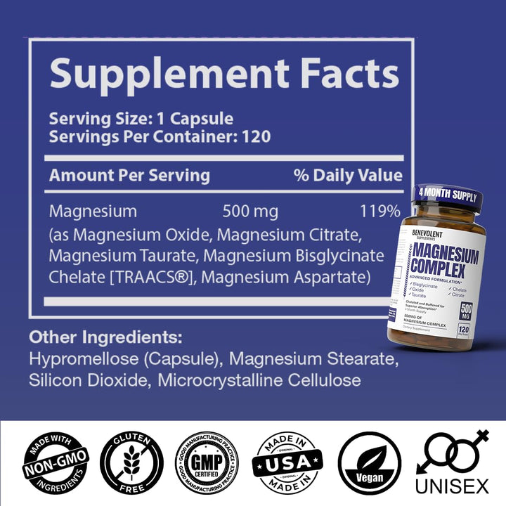 Benevolent Nourishment Magnesium Complex Supplement, 500 mg, 120 Count
