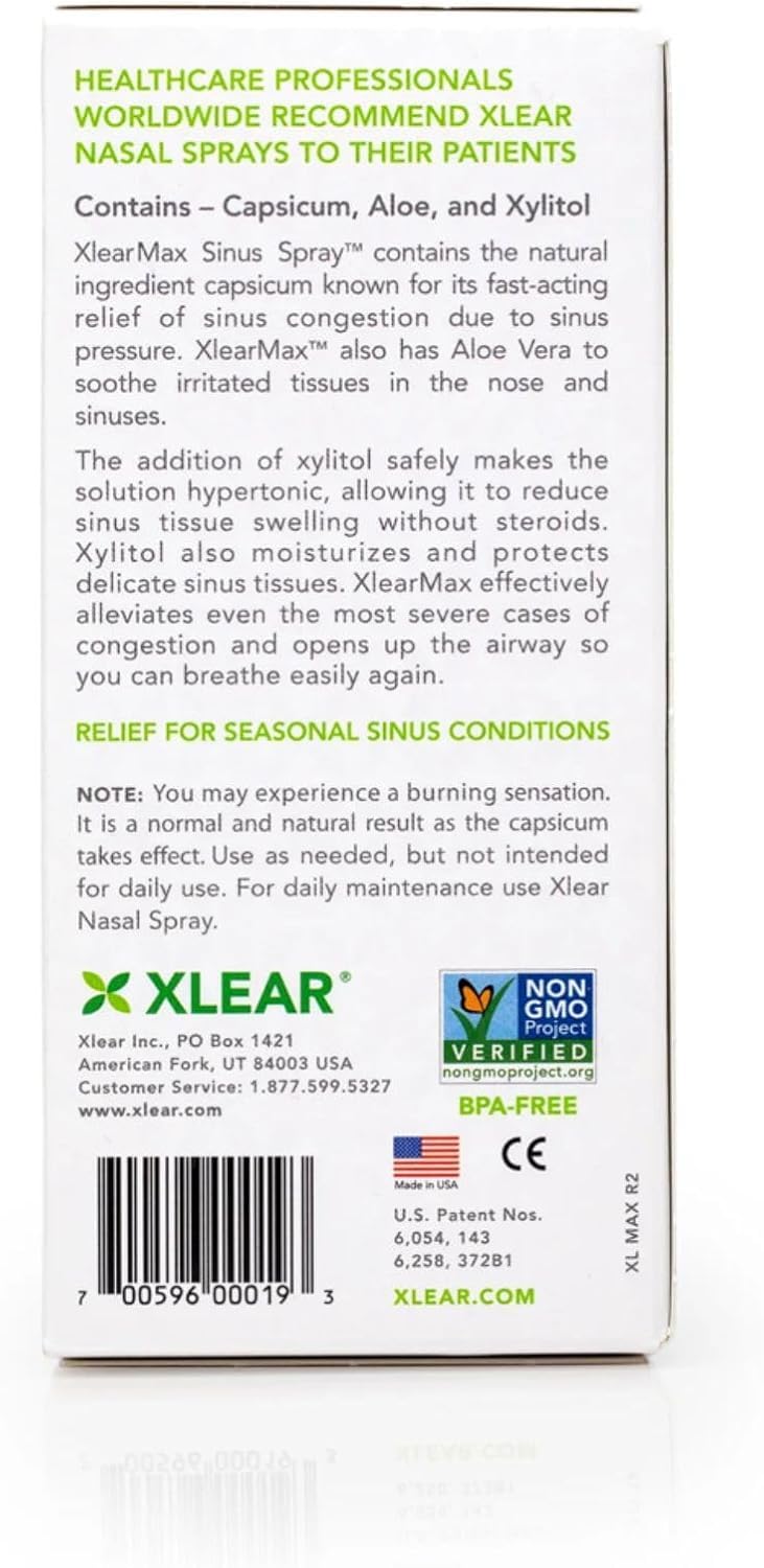 Xlear Max Natural Xylitol Saline Nasal Spray with Capsicum and Aloe, 1.5 fl oz