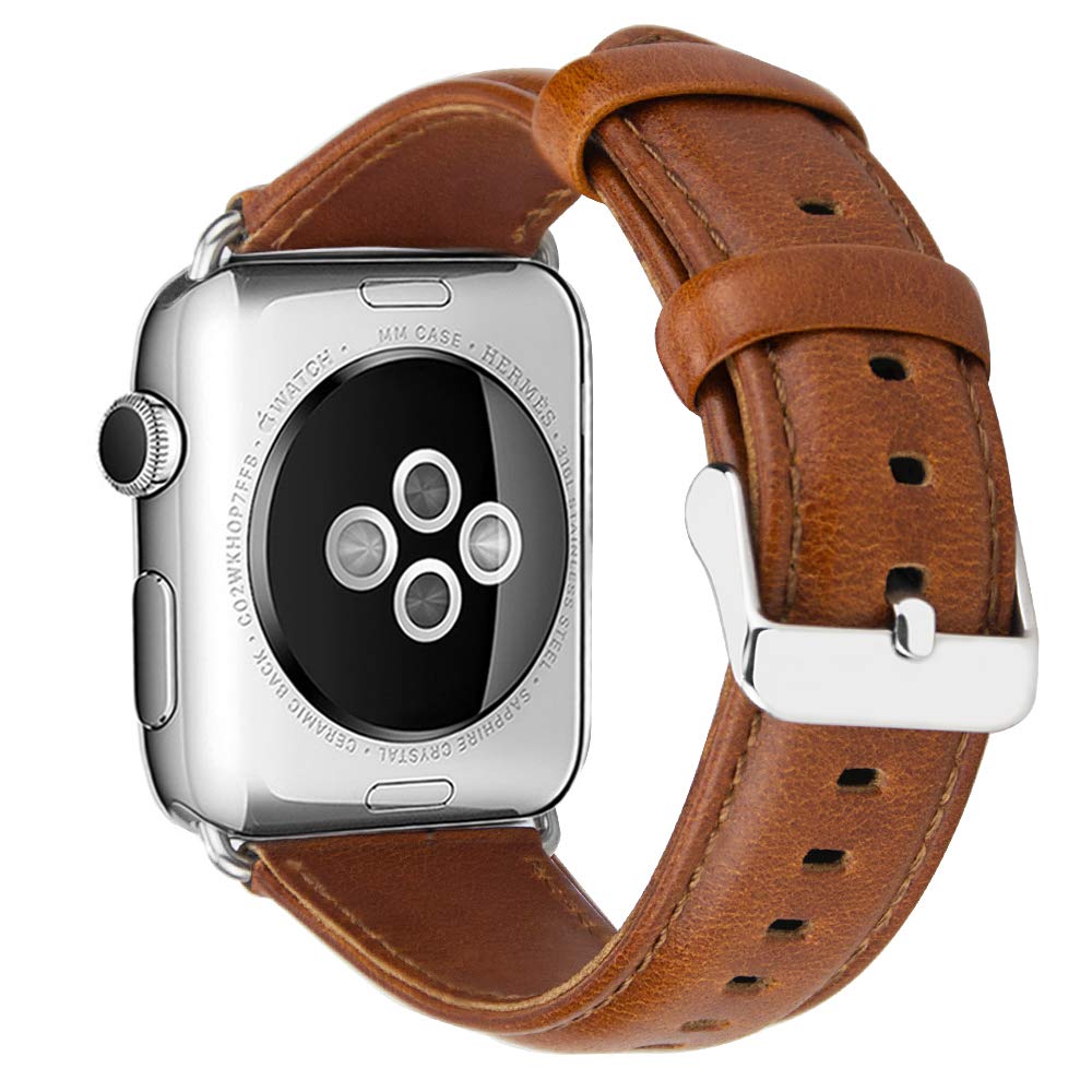 iBazal Leather Watch Band, Brown/Silver, 42/44/45/49 mm