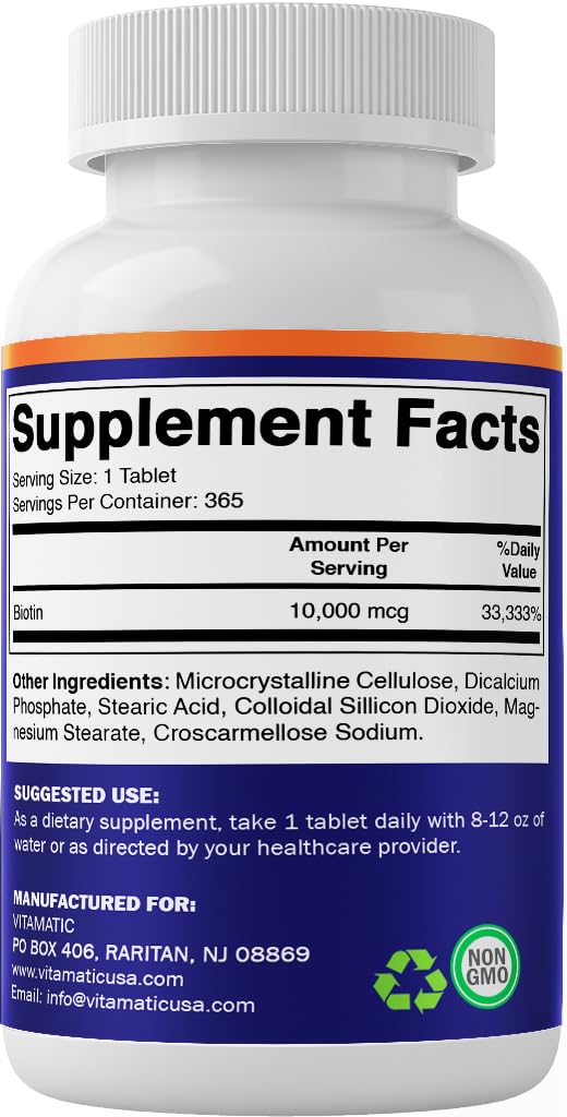 Vitamatic Biotin Vitamin B7 Tablets, 10000 mcg, 365 Count