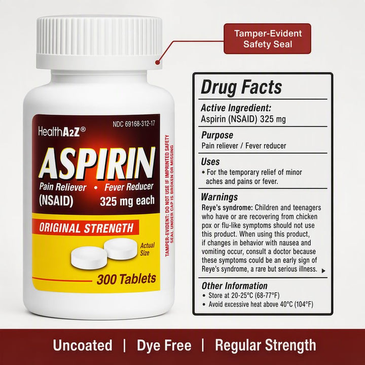 HealthA2Z Aspirin 325 mg Uncoated Tablets, 300 Count