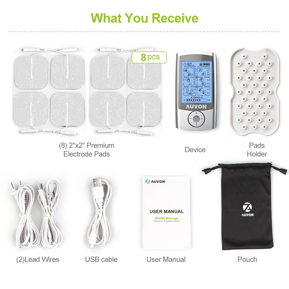 AUVON Rechargeable TENS Unit Muscle Stimulator, 24 Modes, 8 Count
