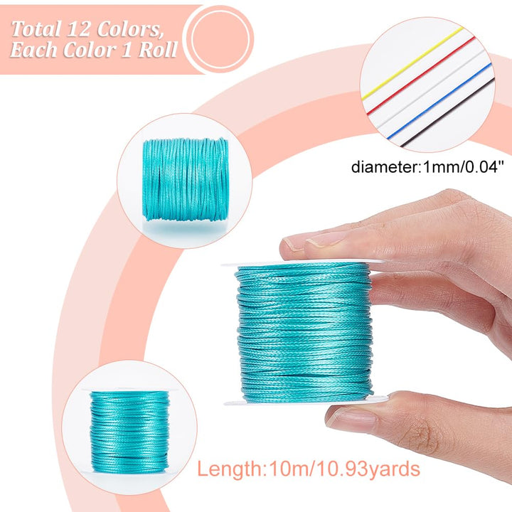 PH PandaHall Waxed Polyester Cord Thread, 12 Colors, 12 Count