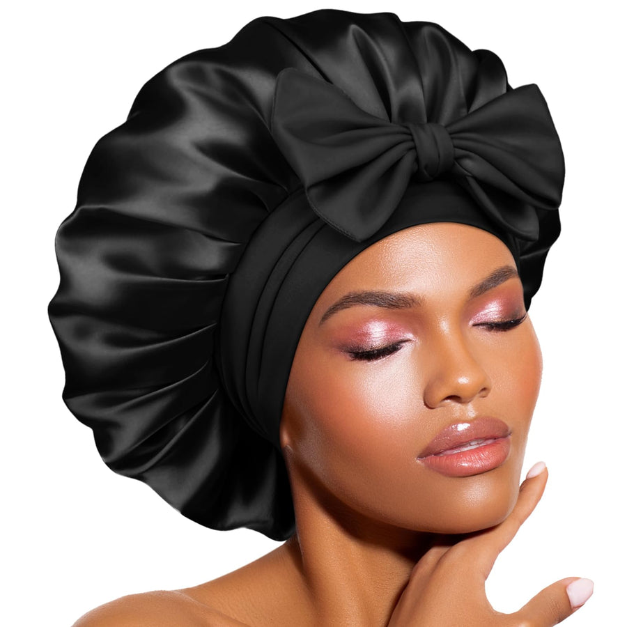 BONNET QUEEN Silk Sleep Bonnet, Black, Medium