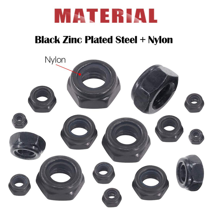 Hilitchi Hex Lock Nuts With Nylon Insert, Black Zinc Plated, 165 Count