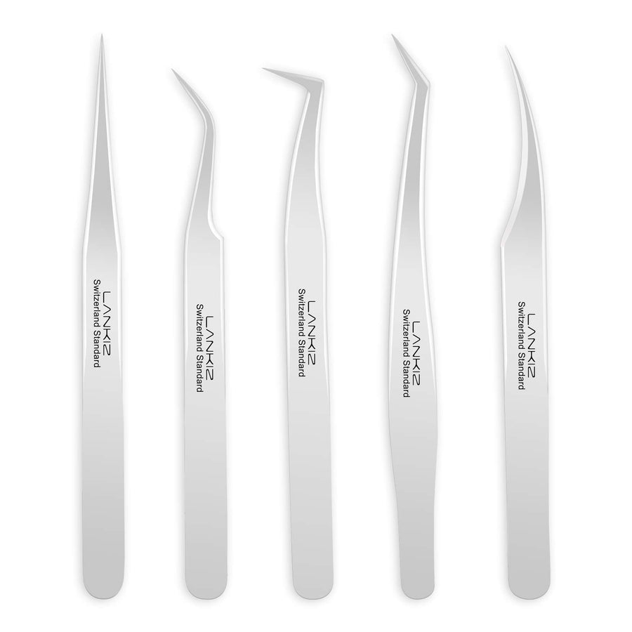 LANKIZ Eyelash Tweezers Set, Silver, 5 Count