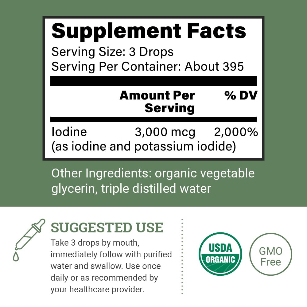 Earth Harmony Naturals Organic Lugol's Iodine and Potassium Iodide 2% Solution, 3000 mcg, 2 oz