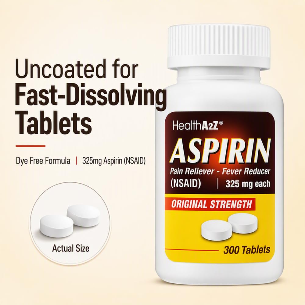 HealthA2Z Aspirin 325 mg Uncoated Tablets, 300 Count