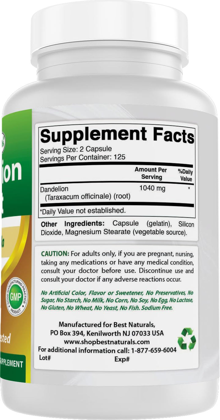 Best Naturals Dandelion Root Capsules, 520 mg, 250 Count