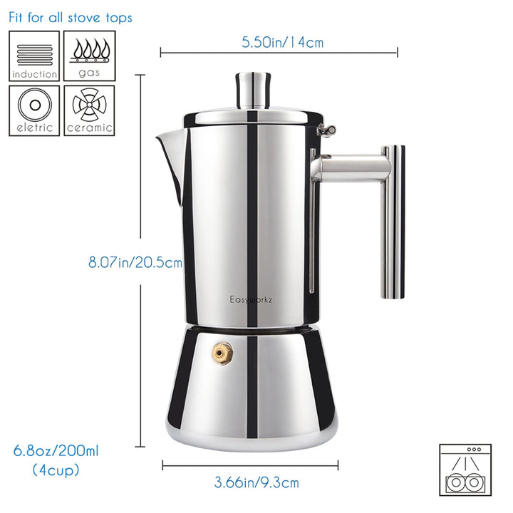 Easyworkz Diego Stovetop Espresso Maker, Stainless Steel, 4 Cup, 6.8 oz