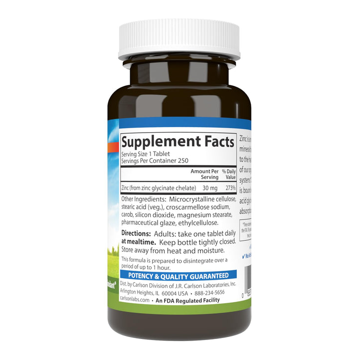 Carlson Chelated Zinc Glycinate, 30 mg, 250 Count