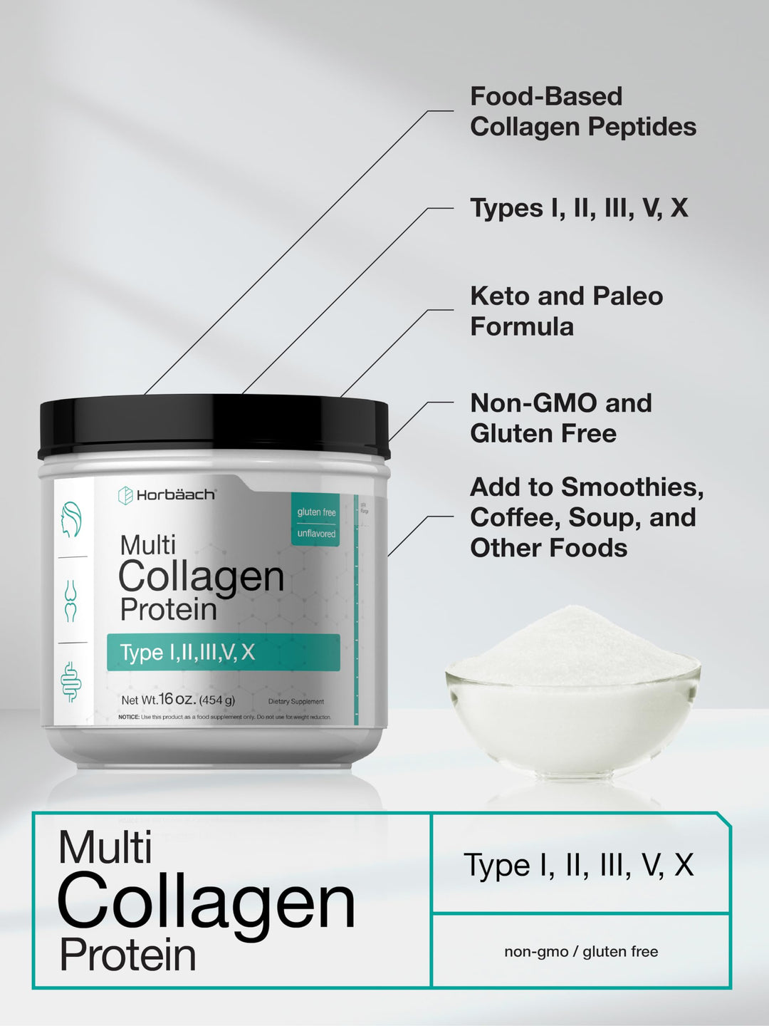 Horbäach Multi Collagen Protein Powder, 16 oz