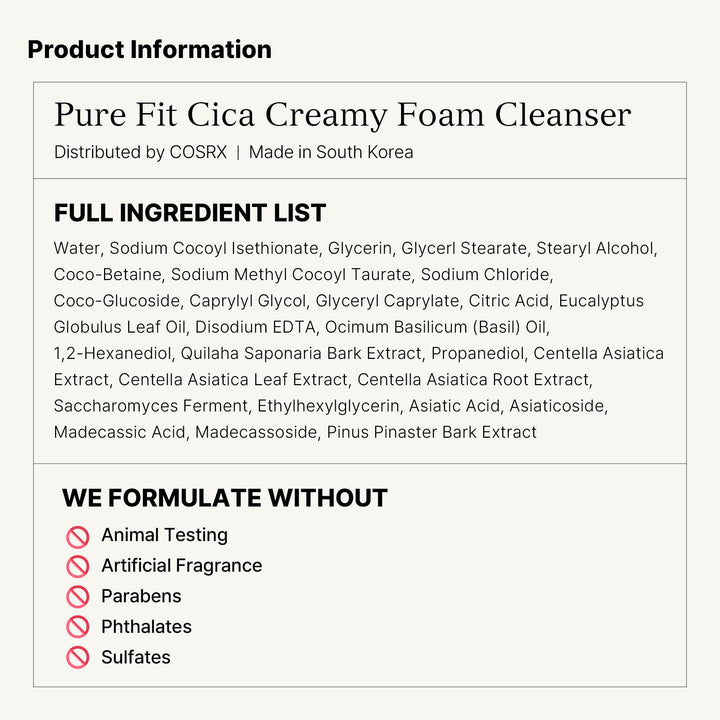COSRX Pure Fit Cica Creamy Foam Mild Cleanser, 5.07 fl oz