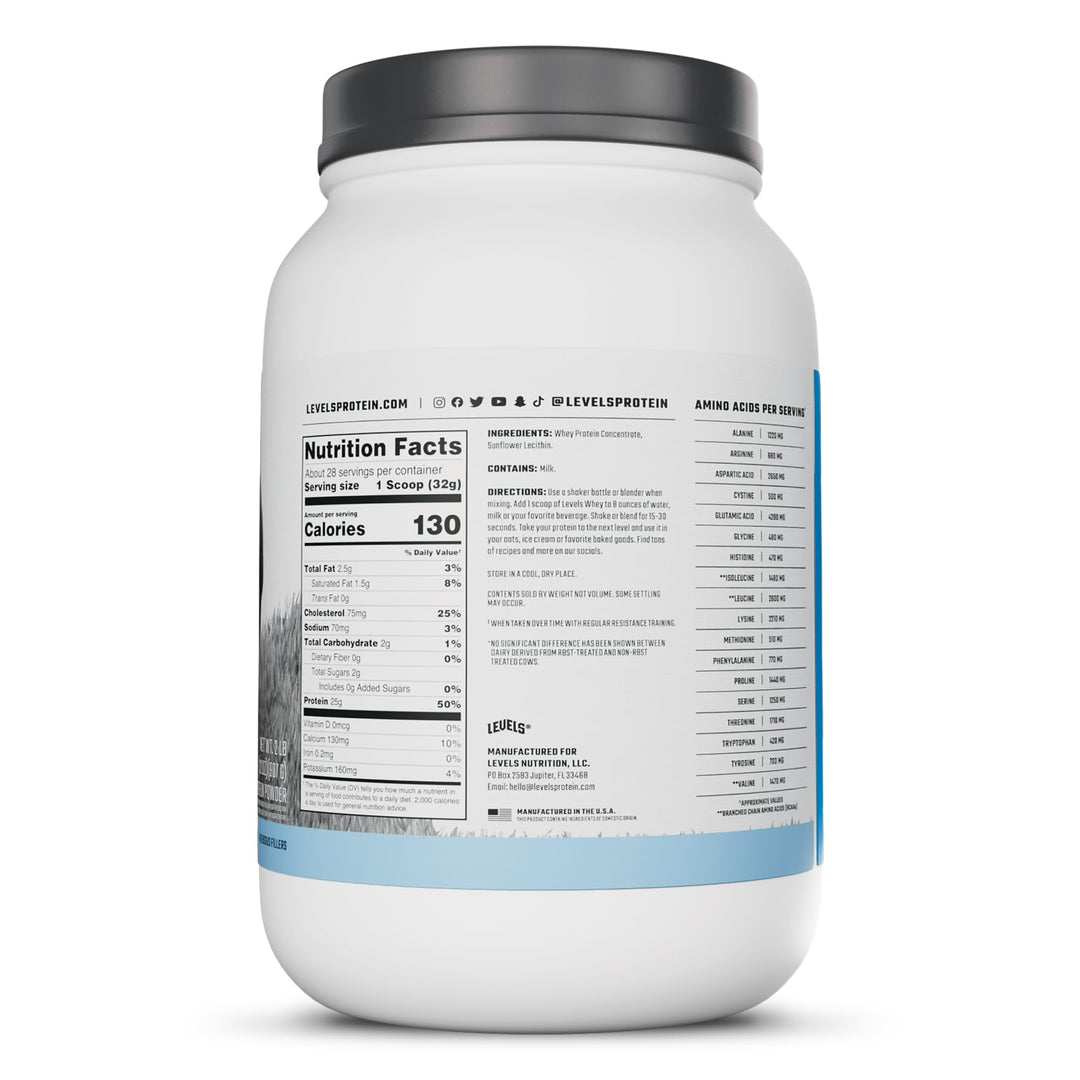 Levels Nutrition Grass Fed Whey Protein, Unflavored, 2 lb