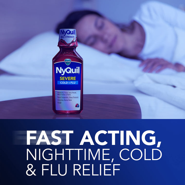 Vicks NyQuil Severe Cold and Flu Medicine, Berry Flavor, 12 fl oz, Pack of 2