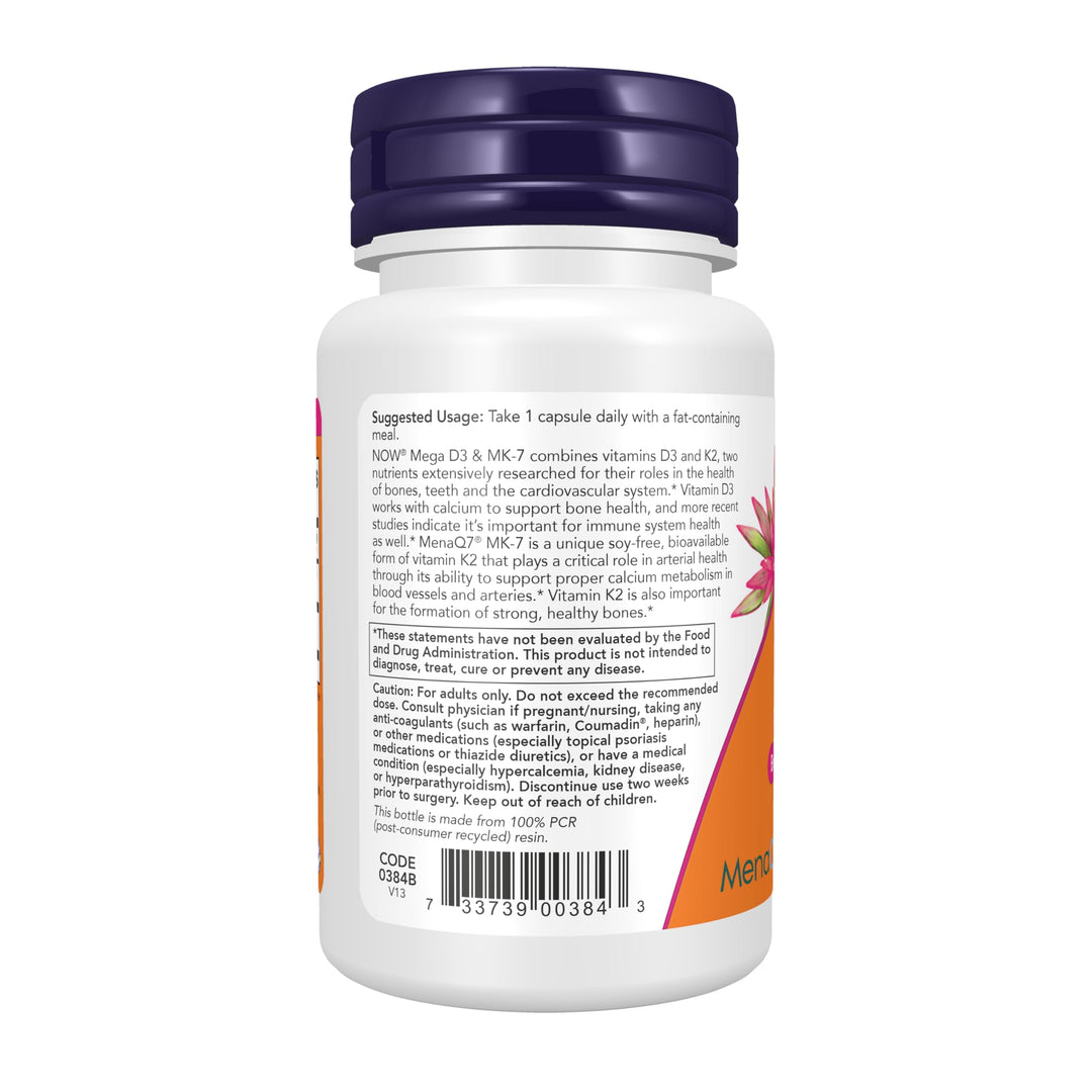 NOW Mega D-3 & MK-7 Vitamin D-3 & K-2, 60 Count