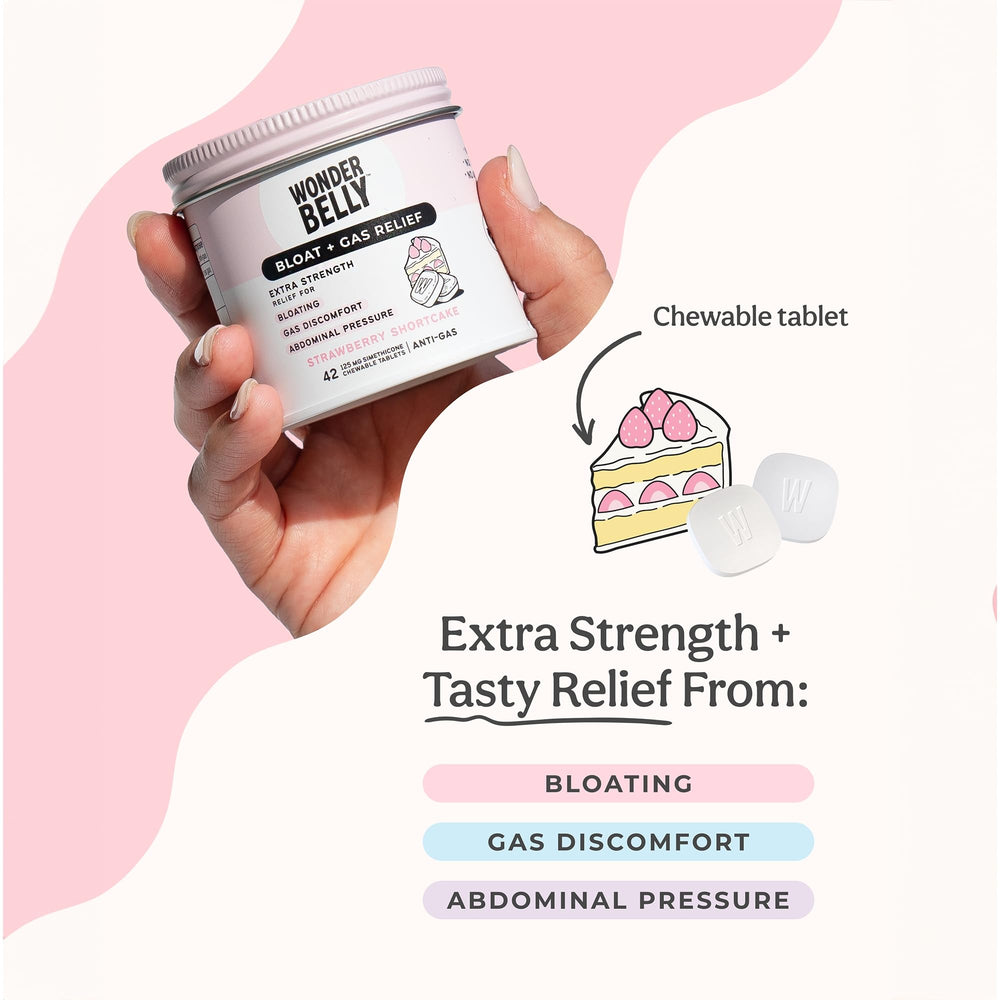 Wonderbelly Bloat + Gas Relief Chewable Tablets, Extra Strength, Strawberry Shortcake, 42 Count