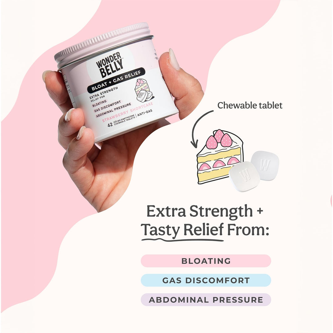 Wonderbelly Bloat + Gas Relief Chewable Tablets, Extra Strength, Strawberry Shortcake, 42 Count