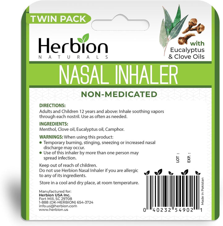 HERBION Naturals Nasal Inhaler, Menthol Clove Eucalyptus Camphor, 0.05 fl oz