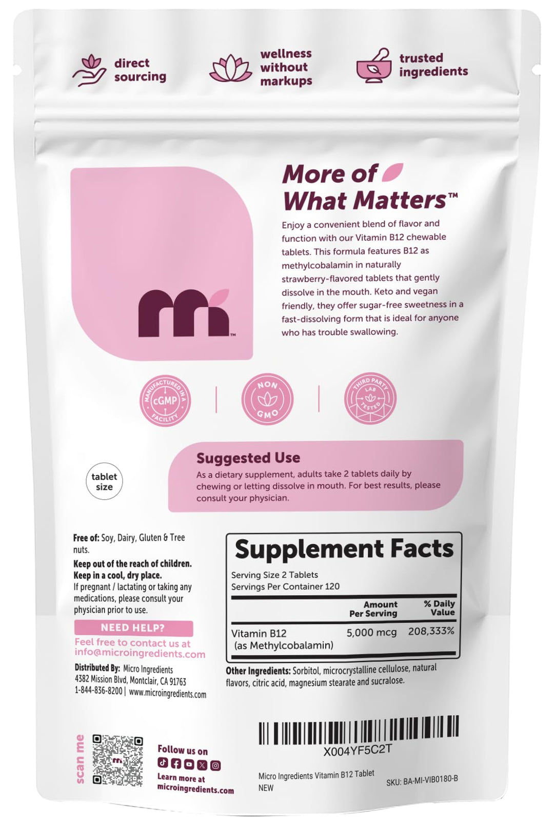 Micro Ingredients Vitamin B12 Methylcobalamin Sublingual Tablets, Strawberry, 5000 mcg, 180 Count