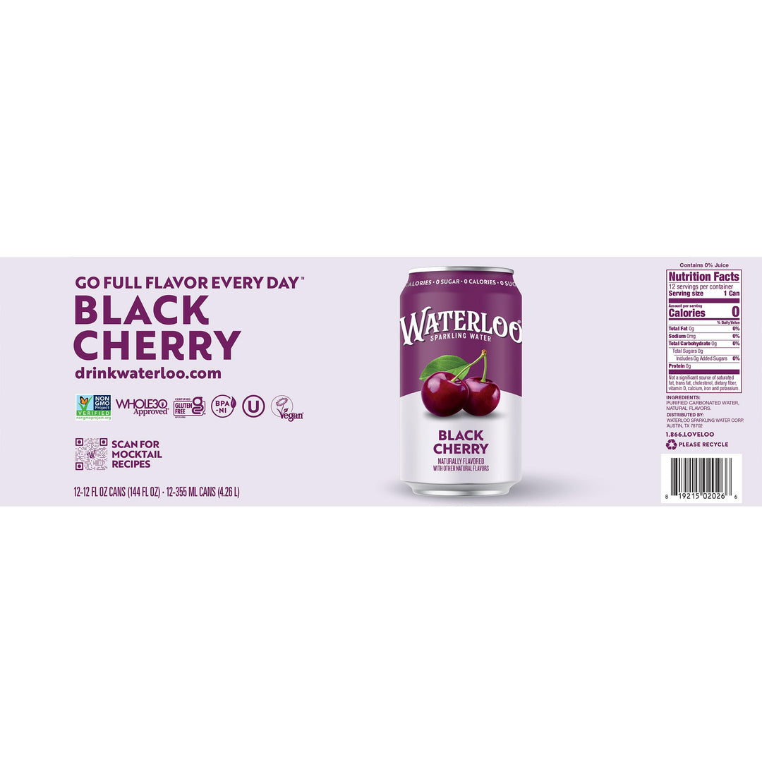 Waterloo Sparkling Water Black Cherry, 12 Pack x 355 ml, 12 Count