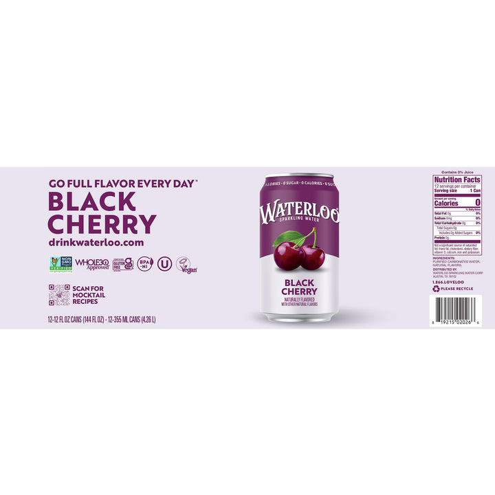 Waterloo Sparkling Water Black Cherry, 12 Pack x 355 ml, 12 Count