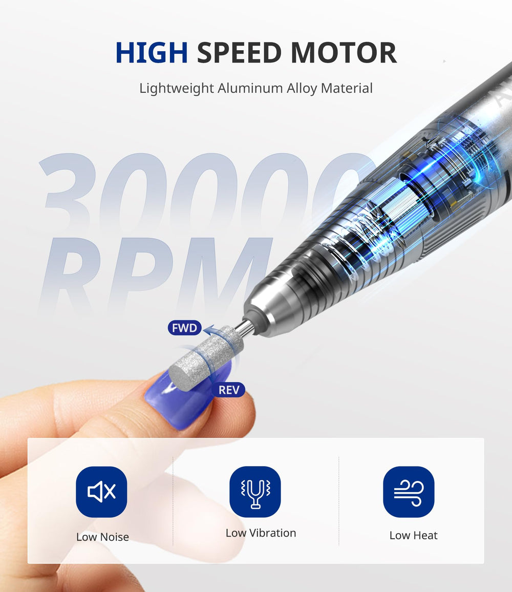 AIRSEE Electric Nail Drill Kit, Rechargeable, 30000 RPM