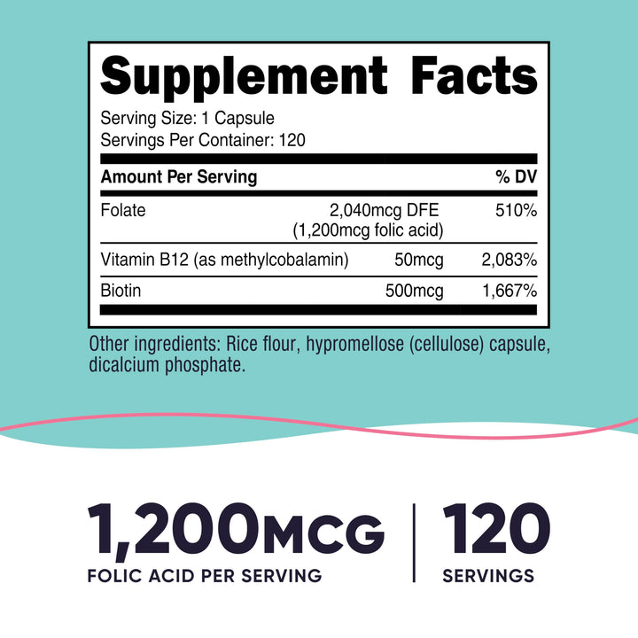 Nutricost Folic Acid Capsules, 1200 mcg, 120 Count