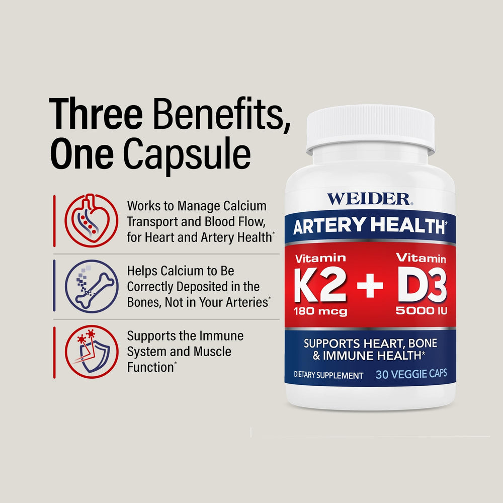 Weider Artery Health Capsules, 180 mcg, 5000 iu, 30 Count