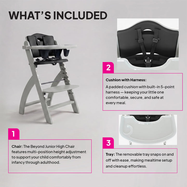 Abiie Beyond Junior Wooden High Chair, Misty Grey Wood/Black Pearl Cushion