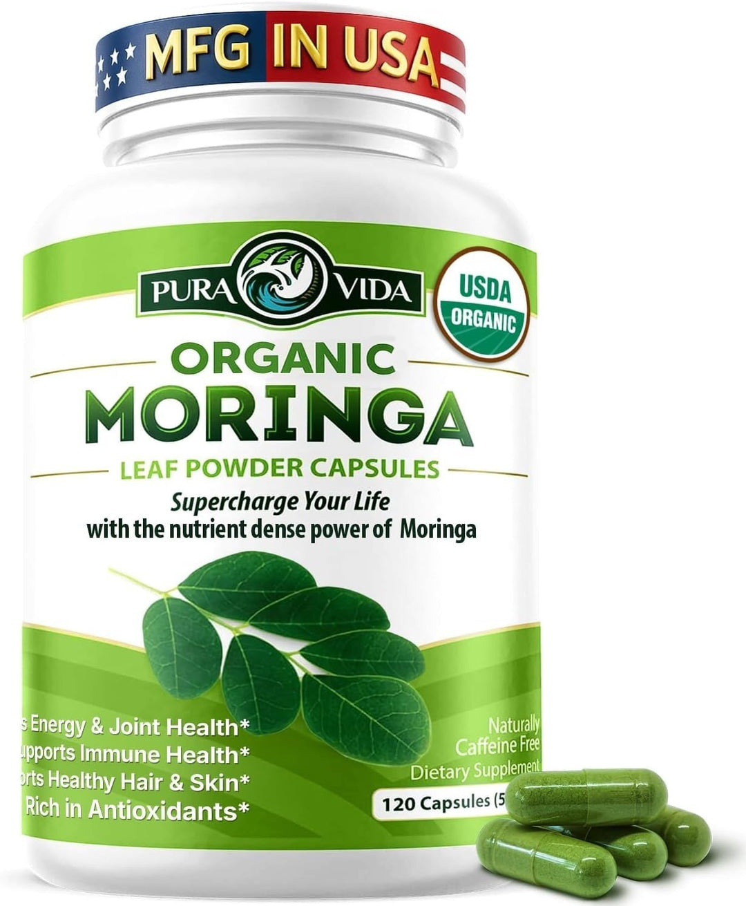 PURA VIDA MORINGA Moringa Capsules, 500 mg, 120 Count