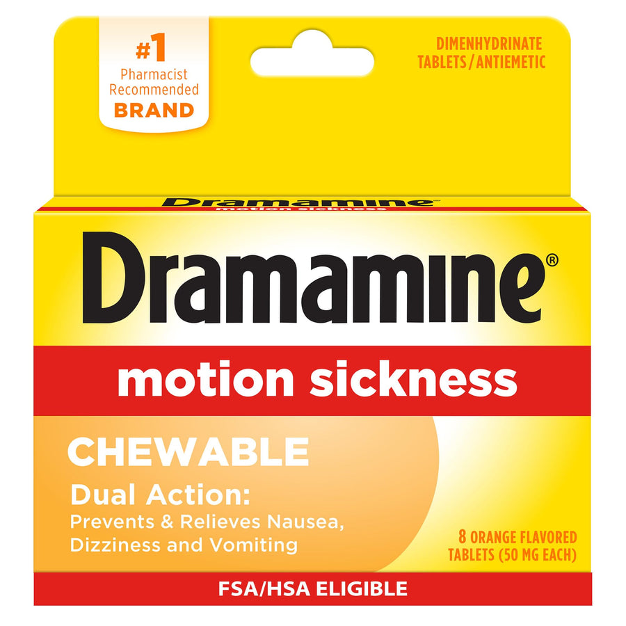 Dramamine Motion Sickness Relief Chewable Tablets, Orange, 50 mg, 8 Count
