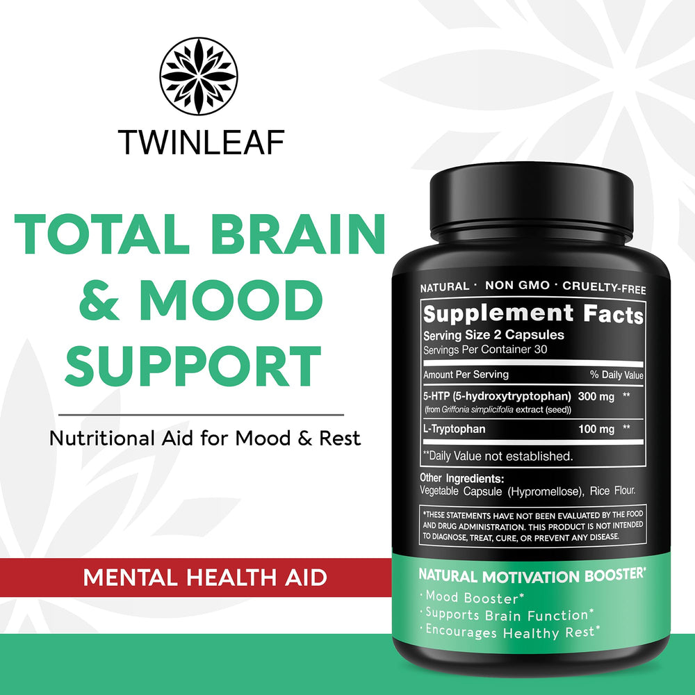 TWINLEAF NUTRITION 5-HTP and L-Tryptophan, 400 mg, 60 Count