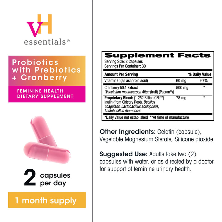 vH essentials Probiotics With Prebiotics And Cranberry Feminine Health Supplement, 60 Count
