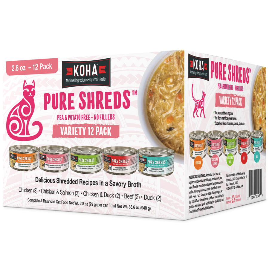 KOHA Pure Shreds Cat Food Variety Pack, Beef Duck and Chicken, 2.8 oz, Pack of 12