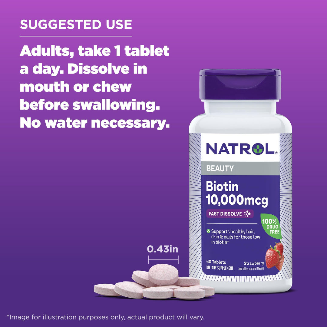 Natrol Biotin 10,000 mcg, Natural Strawberry Flavor, 60 Count