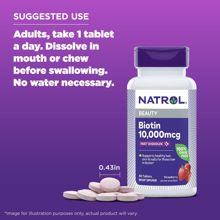 Natrol Biotin 10,000 mcg, Natural Strawberry Flavor, 60 Count