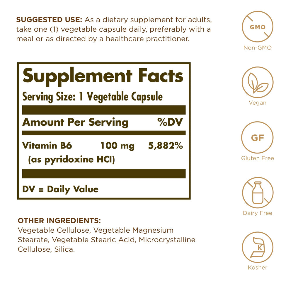 Solgar Vitamin B6 Pyridoxine, 100 mcg, 100 Count