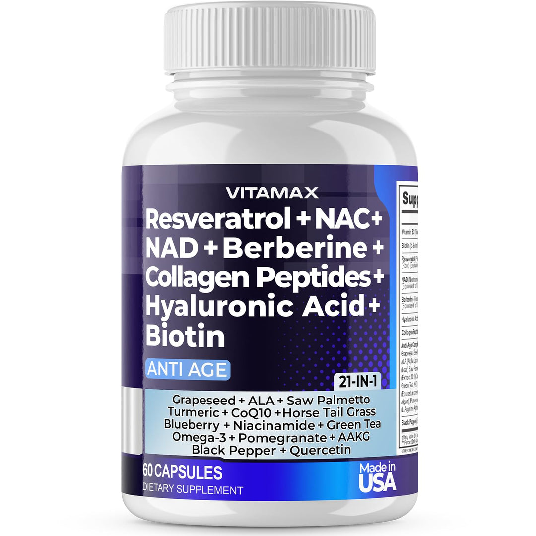 Vitamax Resveratrol NAD+ Berberine Hyaluronic Acid Supplement, 60 Count