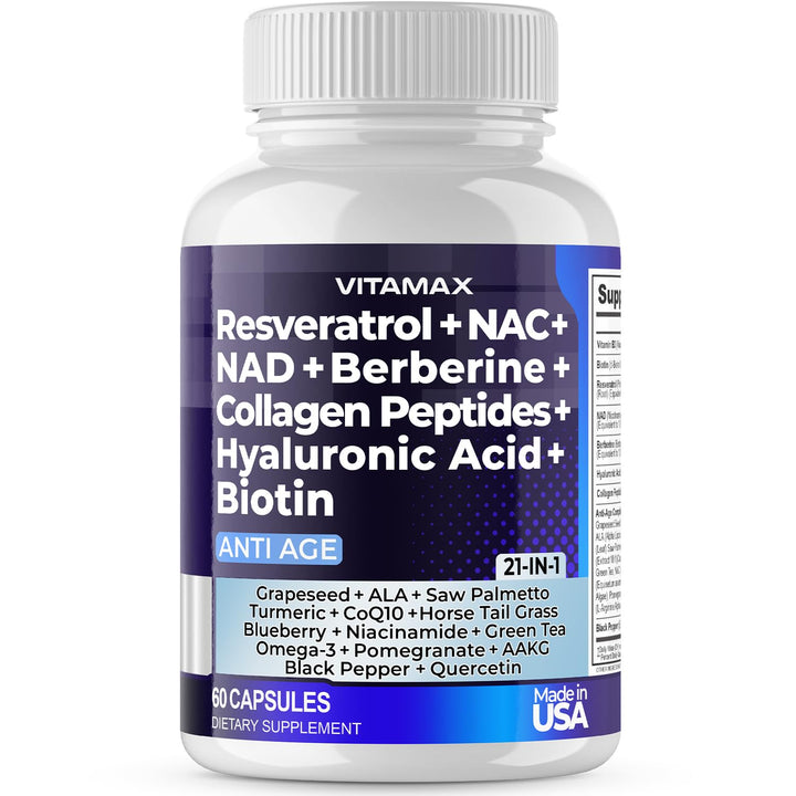 Vitamax Resveratrol NAD+ Berberine Hyaluronic Acid Supplement, 60 Count