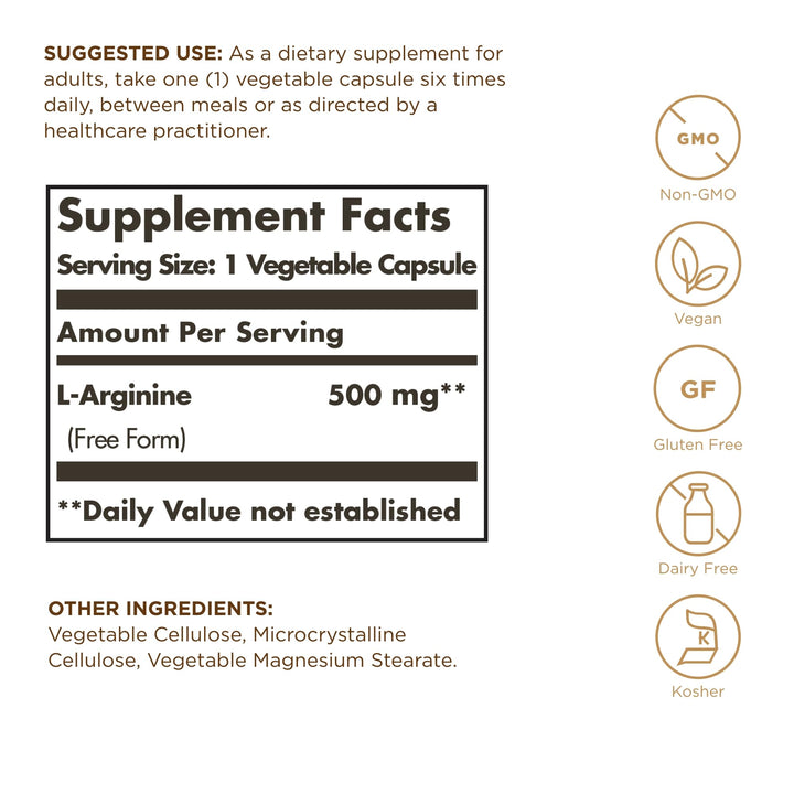 Solgar L-Arginine, 500 mg, 100 Count