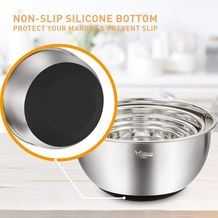 Wildone Mixing Bowls, Set of 5, 5 qt, 3 qt, 2 qt, 1.5 qt, 0.63 qt