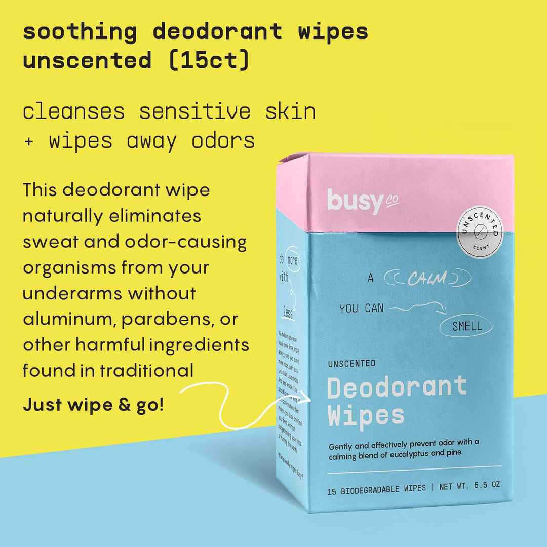 BUSYCO Calm Deodorant Wipes, Eucalyptus & Pine, 15 Count