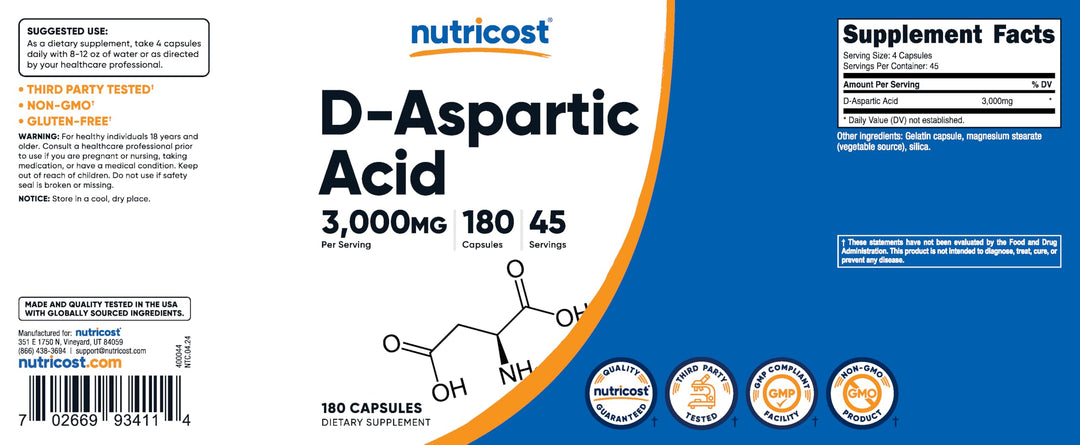 Nutricost D-Aspartic Acid Capsules, 3000 mg, 180 Count