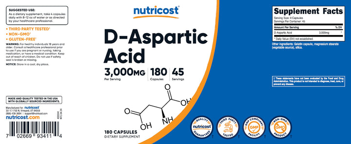Nutricost D-Aspartic Acid Capsules, 3000 mg, 180 Count