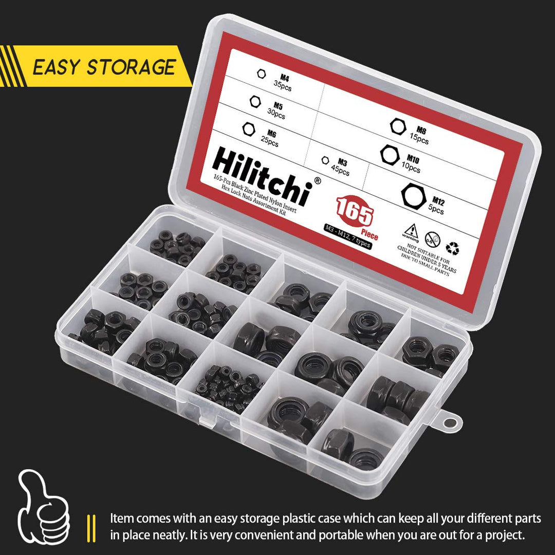 Hilitchi Hex Lock Nuts With Nylon Insert, Black Zinc Plated, 165 Count