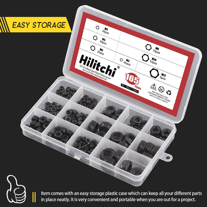 Hilitchi Hex Lock Nuts With Nylon Insert, Black Zinc Plated, 165 Count